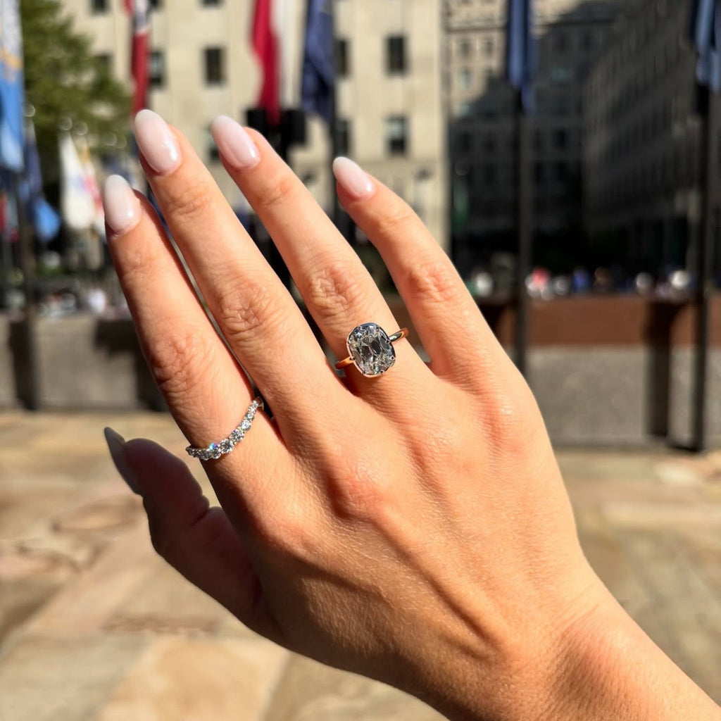 Bezel Set Old Mine Elongated Cushion Lab Grown Engagement Ring Antique Diamond Vintage Wedding Ring Unique Anniversary Ring