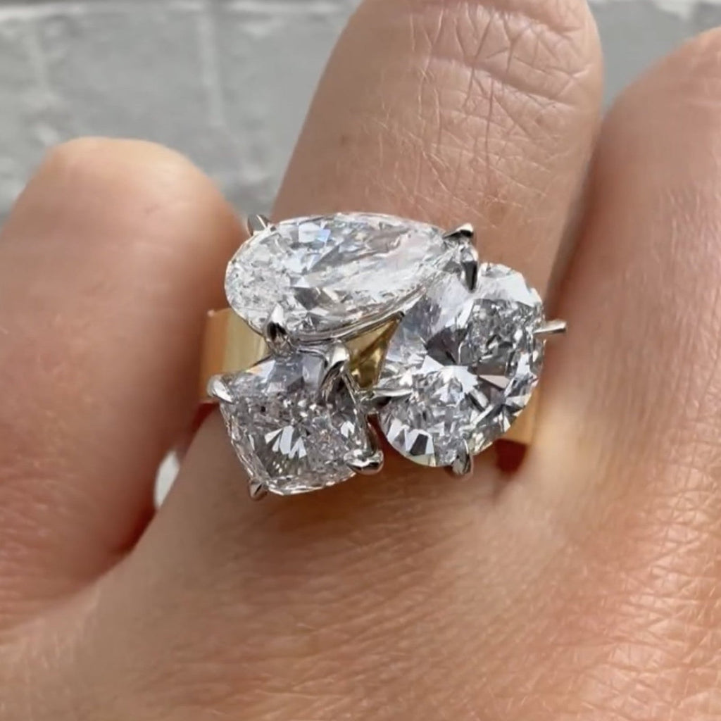5.00 CT Three Stone Pear And Oval And Cushion Moissanite Engagement Ring Solid Gold Wedding Ring Past Present Future Ring Anniversary Ring