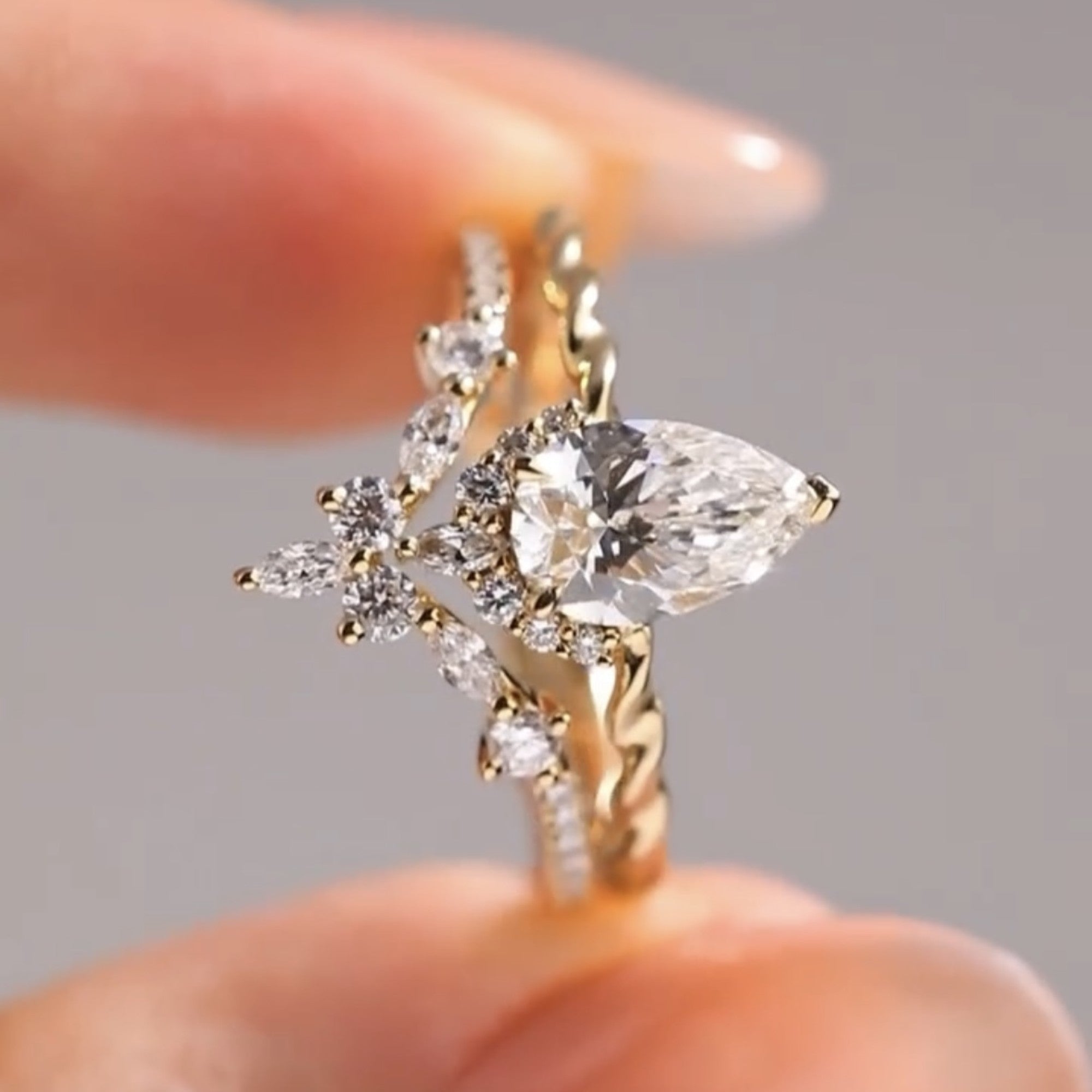 ArtDeco Pear Moissanite Engagement Ring Set Vintage Wedding  Bridal Anniversary Set