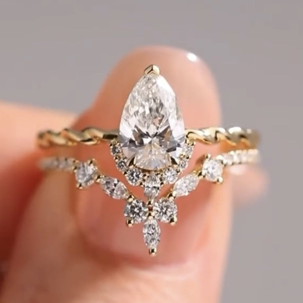 ArtDeco Pear Moissanite Engagement Ring Set Vintage Wedding  Bridal Anniversary Set
