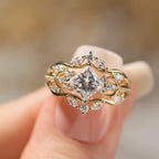 Art Deco Princess Moissanite Vintage Engagement Ring Set Bridal Wedding Nature Inspired Anniversary Sets