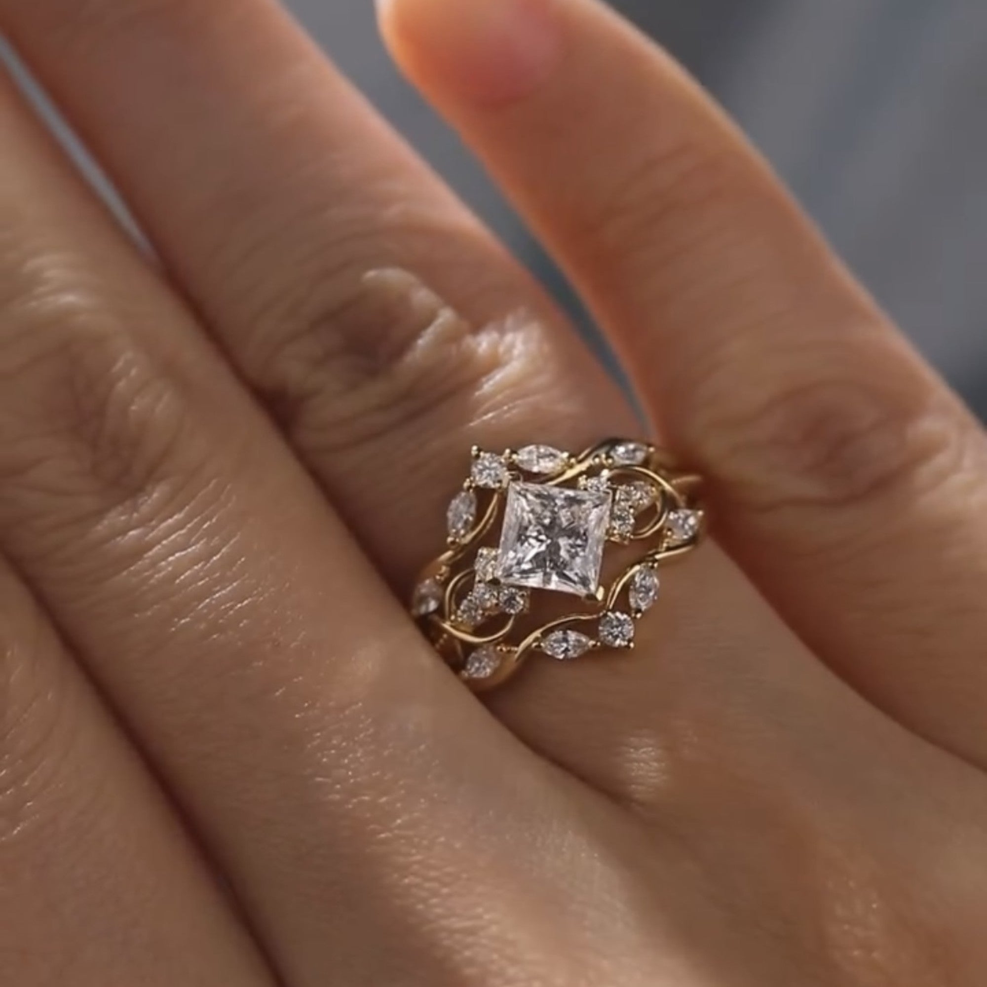 Art Deco Princess Moissanite Vintage Engagement Ring Set Bridal Wedding Nature Inspired Anniversary Sets