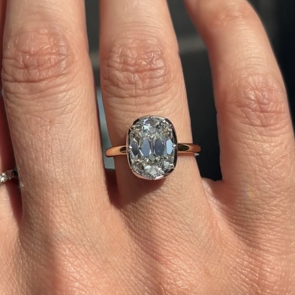 Bezel Set Old Mine Elongated Cushion Lab Grown Engagement Ring Antique Diamond Vintage Wedding Ring Unique Anniversary Ring