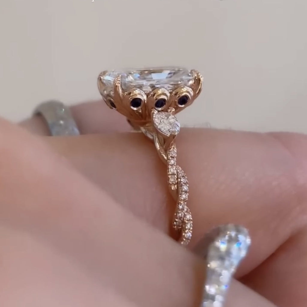 Art Deco Twisted Band Radiant Cut Vintage Lab Grown Engagement Ring  Tulip Set Wedding Nature Inspired Anniversary Ring