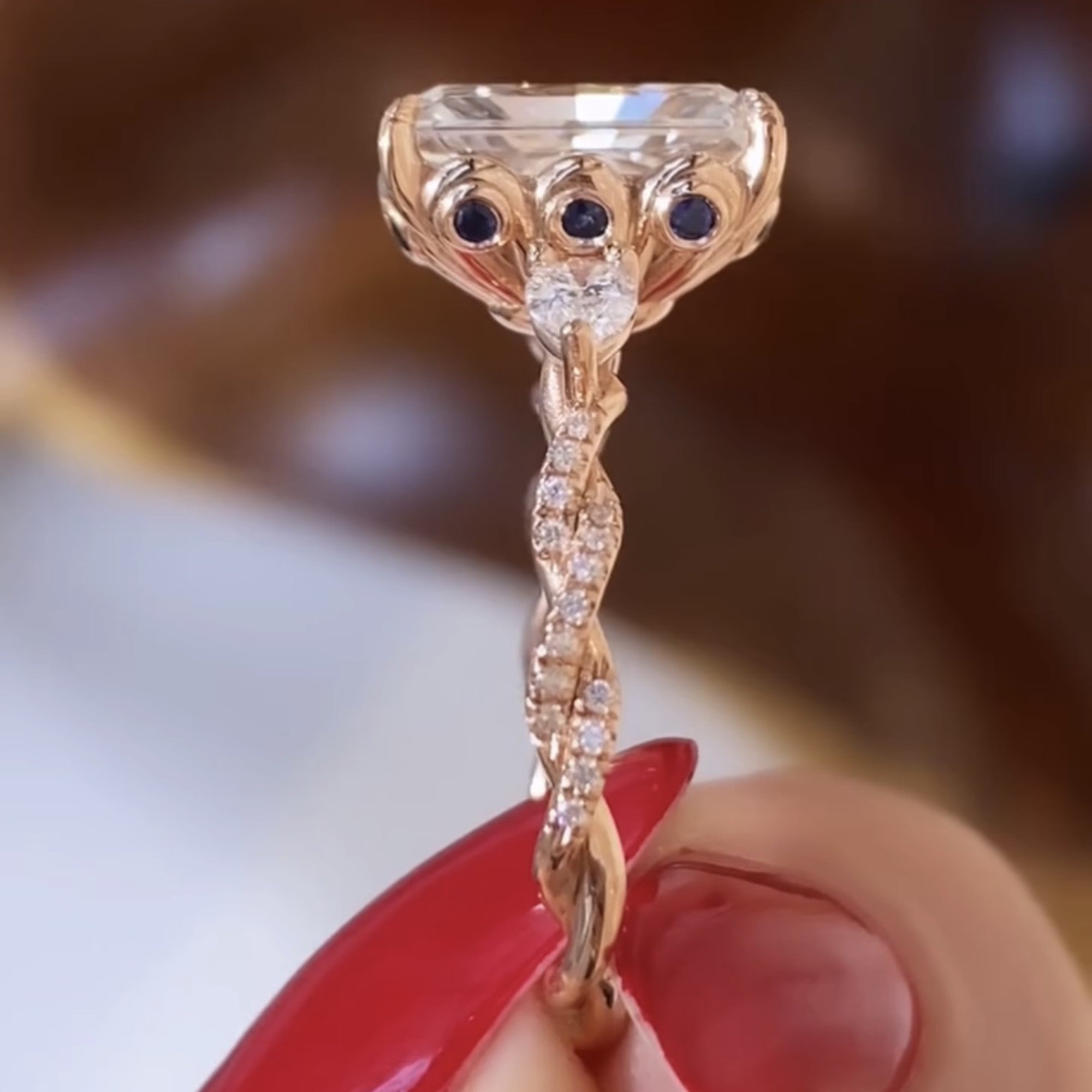 Art Deco Twisted Band Radiant Cut Vintage Moissanite Engagement Ring  Tulip Set Wedding Nature Inspired Anniversary Ring