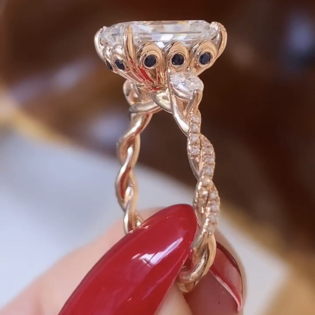 Art Deco Twisted Band Radiant Cut Vintage Lab Grown Engagement Ring  Tulip Set Wedding Nature Inspired Anniversary Ring