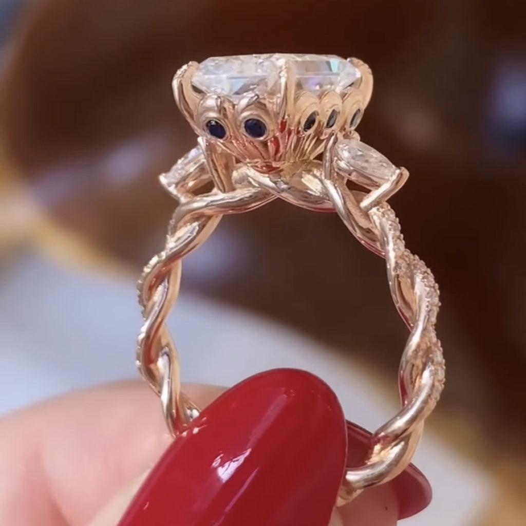 Art Deco Twisted Band Radiant Cut Vintage Lab Grown Engagement Ring  Tulip Set Wedding Nature Inspired Anniversary Ring