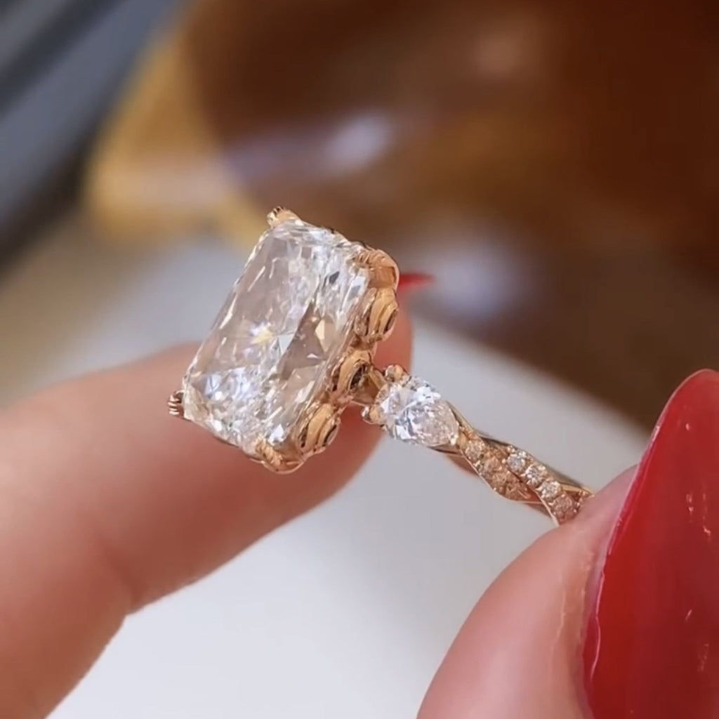 Art Deco Twisted Band Radiant Cut Vintage Lab Grown Engagement Ring  Tulip Set Wedding Nature Inspired Anniversary Ring