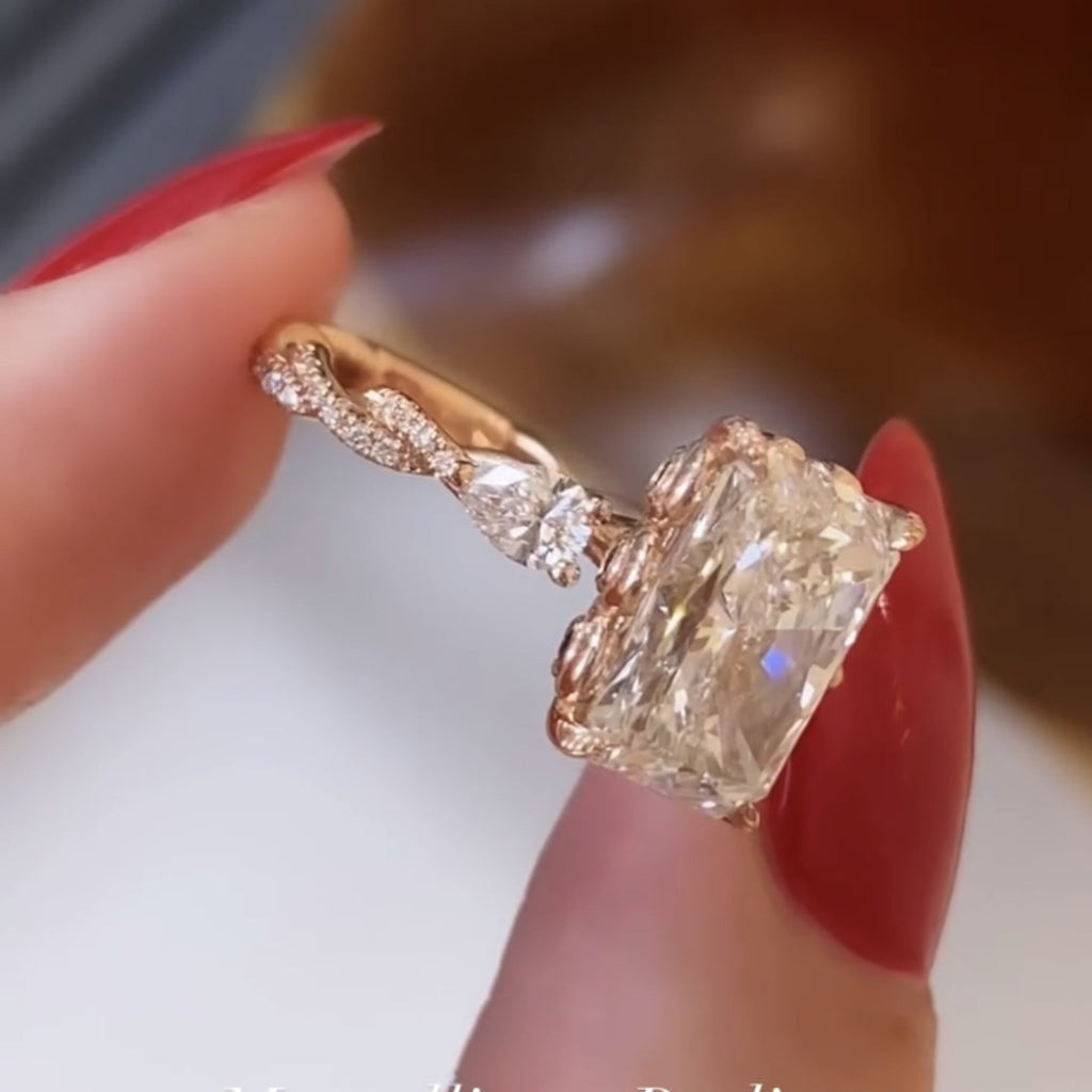 Art Deco Twisted Band Radiant Cut Vintage Moissanite Engagement Ring  Tulip Set Wedding Nature Inspired Anniversary Ring