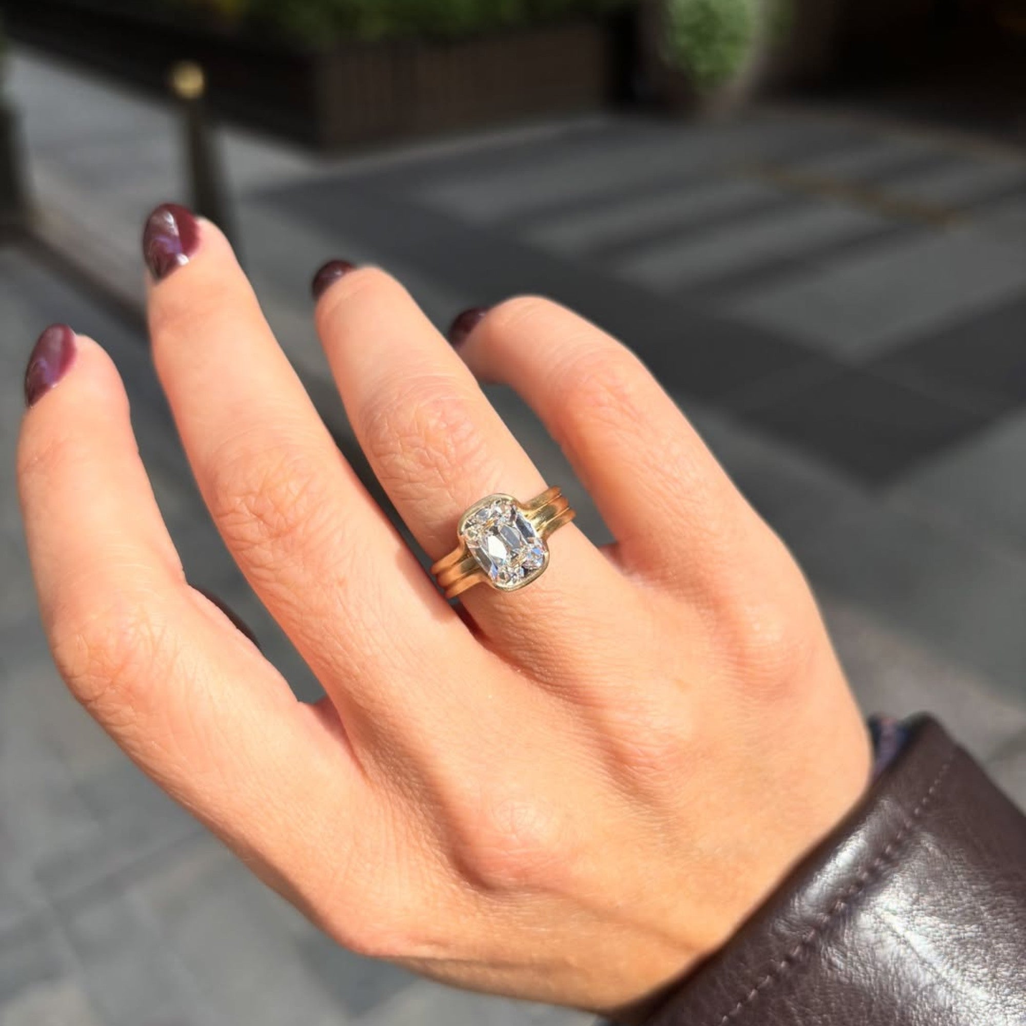 Half Bezel Set Old Mine  Elongated Cushion Moissanite Engagement Ring Antique Gold Unique Wedding Anniversary Ring