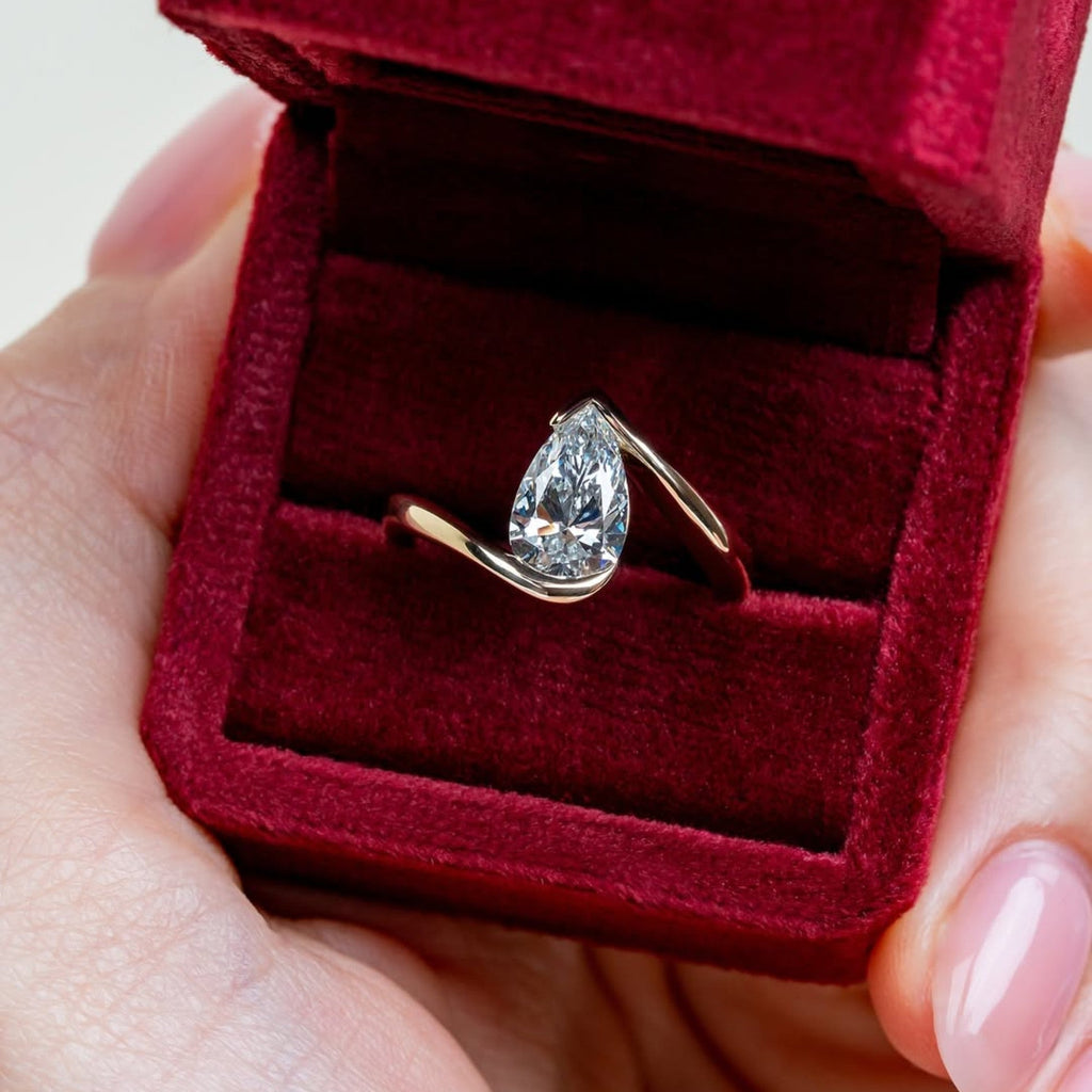 Bypass Pear Moissanite Engagement Ring Half Bezel Gold  Anniversary Ring