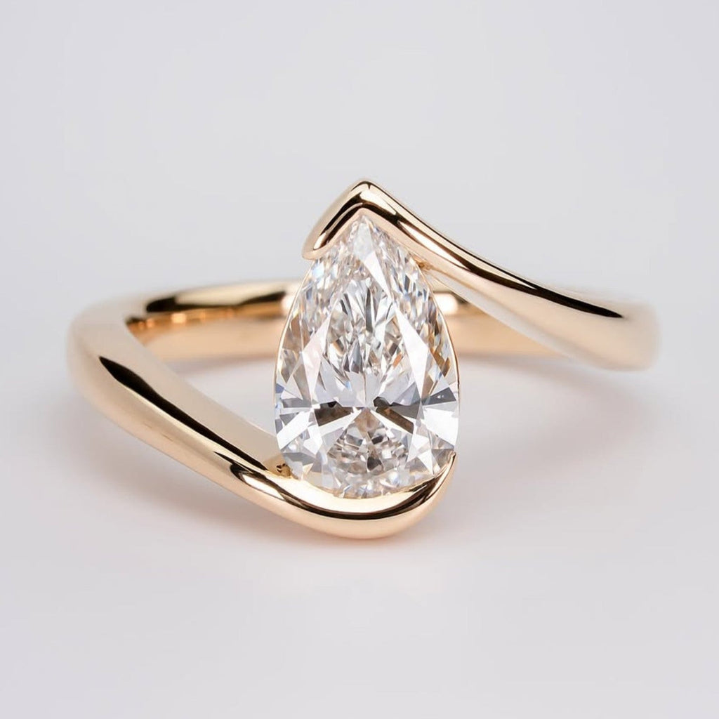 Bypass Pear Lab Diamond Engagement Ring Half Bezel Gold  Anniversary Ring