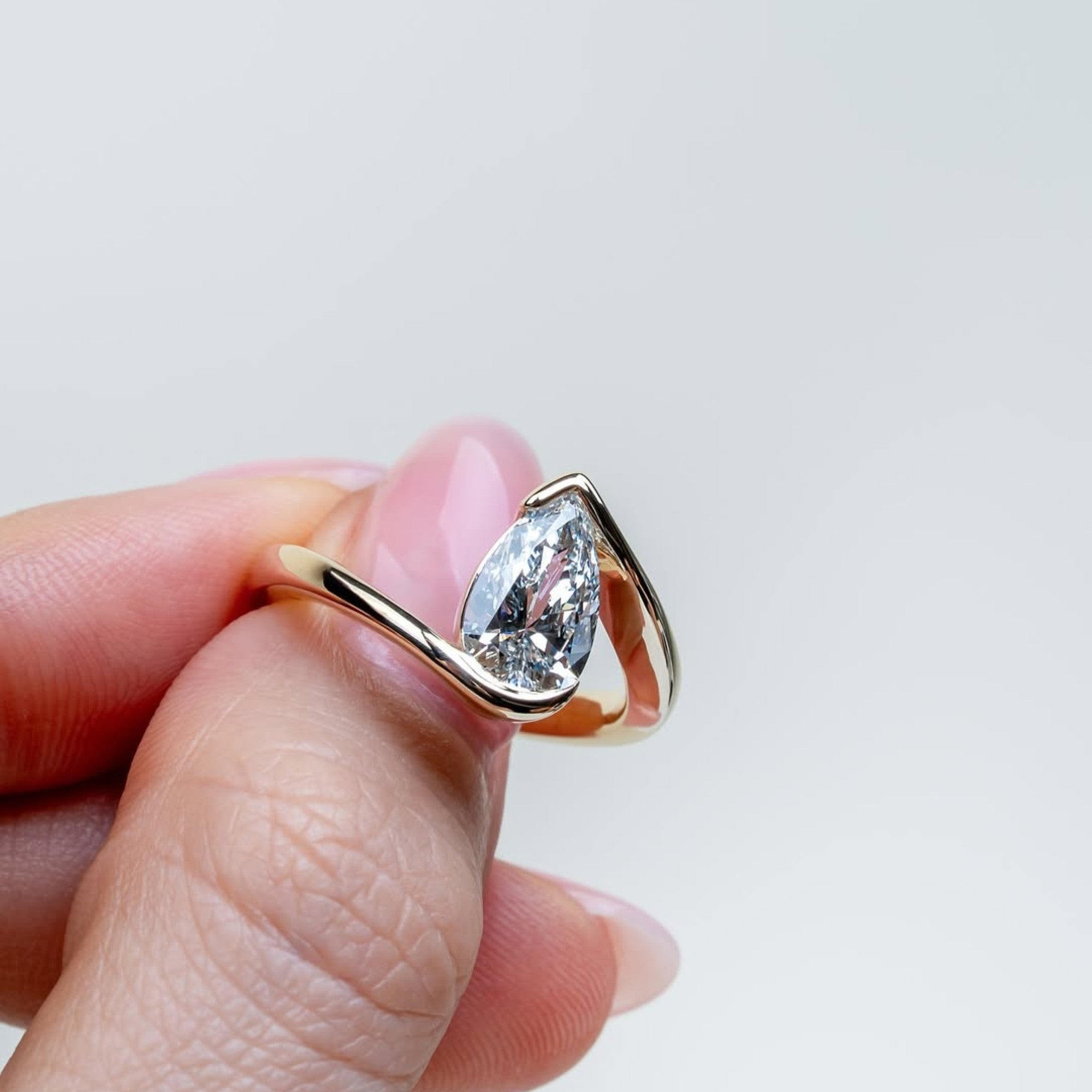 Bypass Pear Lab Diamond Engagement Ring Half Bezel Gold  Anniversary Ring