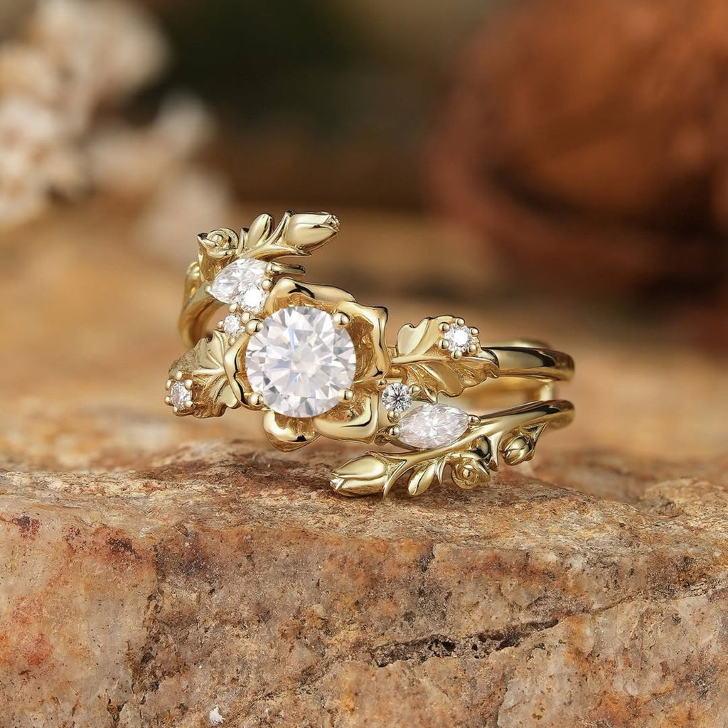 Nature Inspired Round Lab Grown Vintage Engagement Ring Set Art Deco Gold Bridal Wedding Ring Sets