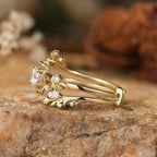 Nature Inspired  Round Moissanite Vintage Engagement Ring Set Art Deco Gold Bridal Wedding Ring Sets