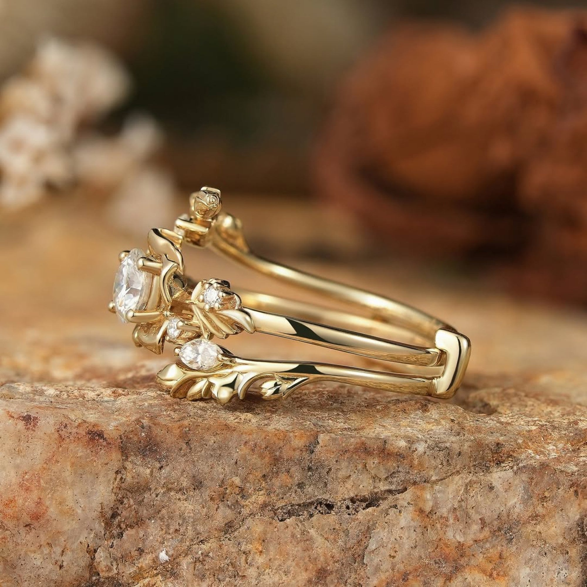 Nature Inspired  Round Moissanite Vintage Engagement Ring Set Art Deco Gold Bridal Wedding Ring Sets