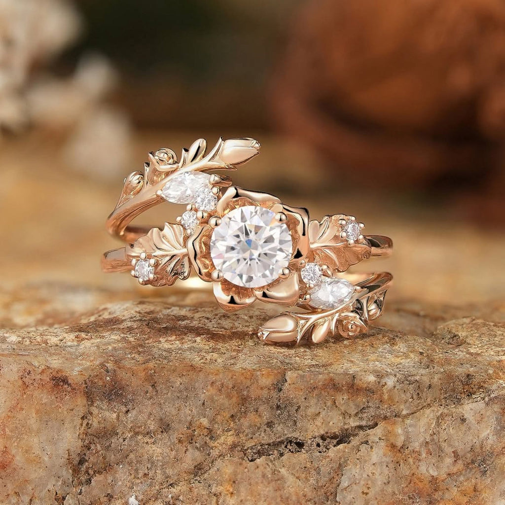 Nature Inspired  Round Moissanite Vintage Engagement Ring Set Art Deco Gold Bridal Wedding Ring Sets