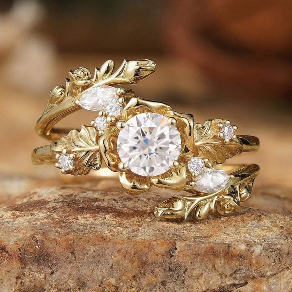 Gold ring with diamond on a stone surface