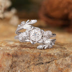 Nature Inspired  Round Moissanite Vintage Engagement Ring Set Art Deco Gold Bridal Wedding Ring Sets