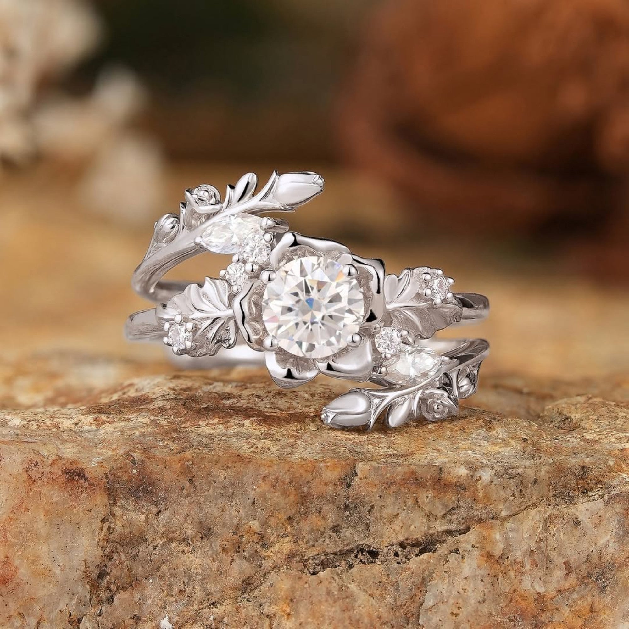 Nature Inspired  Round Moissanite Vintage Engagement Ring Set Art Deco Gold Bridal Wedding Ring Sets