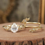 Pear Lab Grown Vintage Engagement Ring Set Gold Bridal Wedding Ring Set