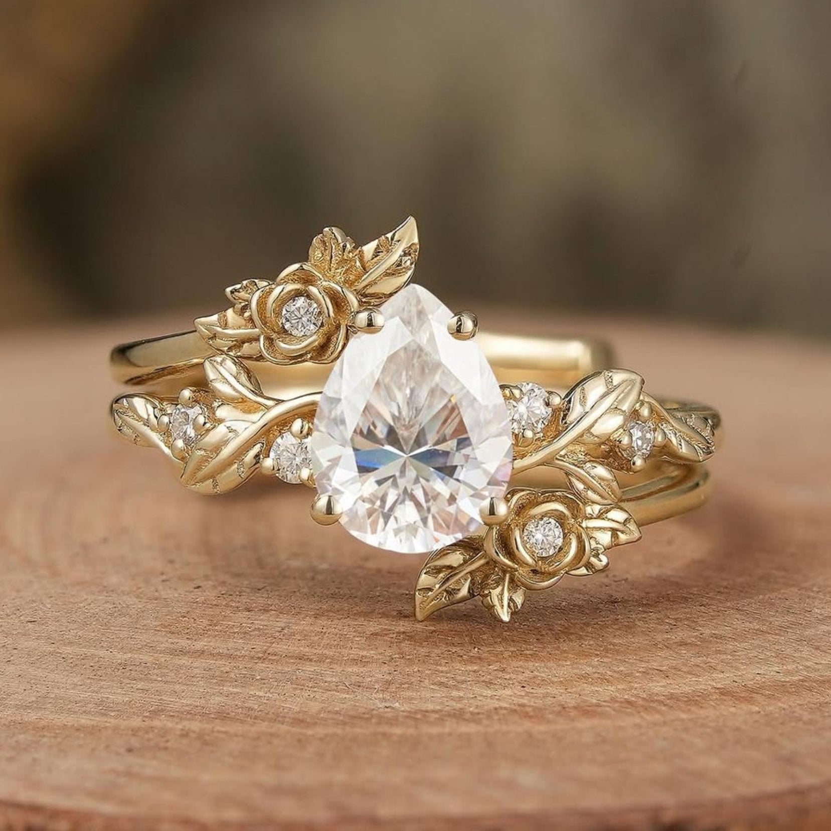 Pear Lab Grown Vintage Engagement Ring Set Gold Bridal Wedding Ring Set