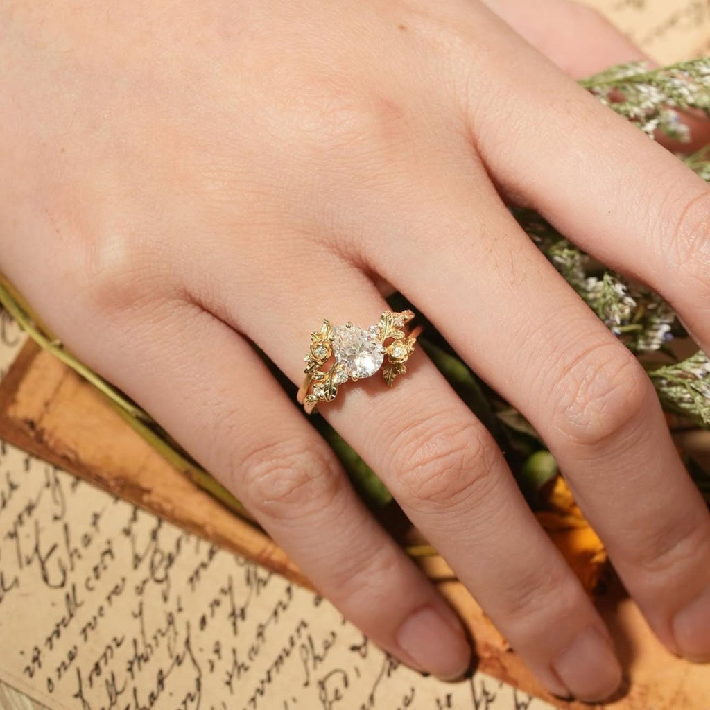 Pear Lab Grown Vintage Engagement Ring Set Gold Bridal Wedding Ring Set