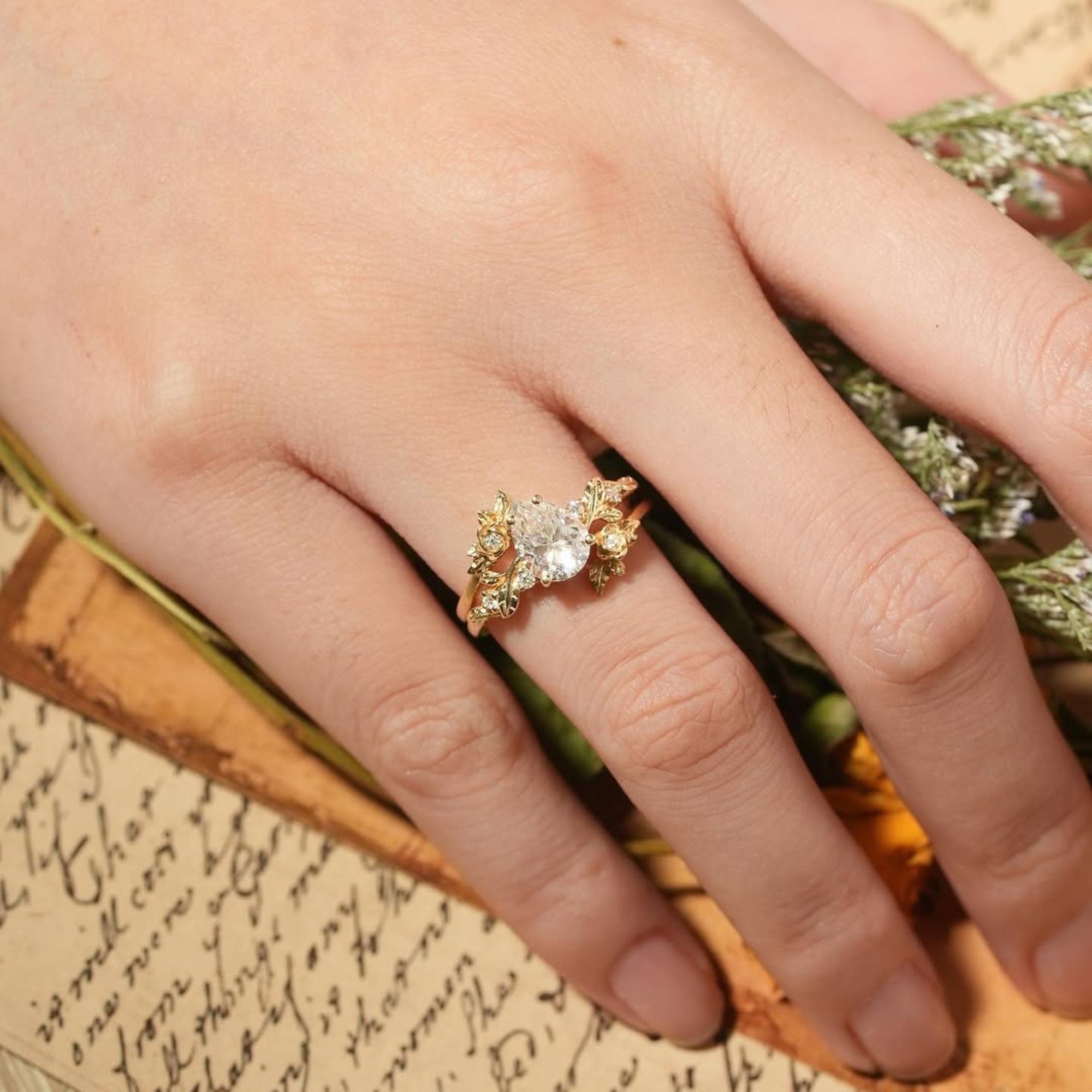 Pear Lab Grown Vintage Engagement Ring Set Gold Bridal Wedding Ring Set