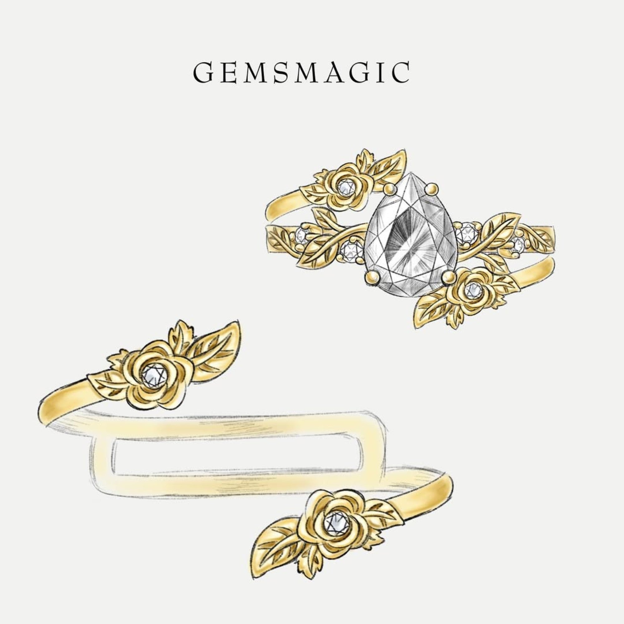 Pear Moissanite Vintage Engagement Ring Set Gold Bridal Wedding Ring Set
