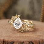 Pear Lab Grown Vintage Engagement Ring Set Gold Bridal Wedding Ring Set