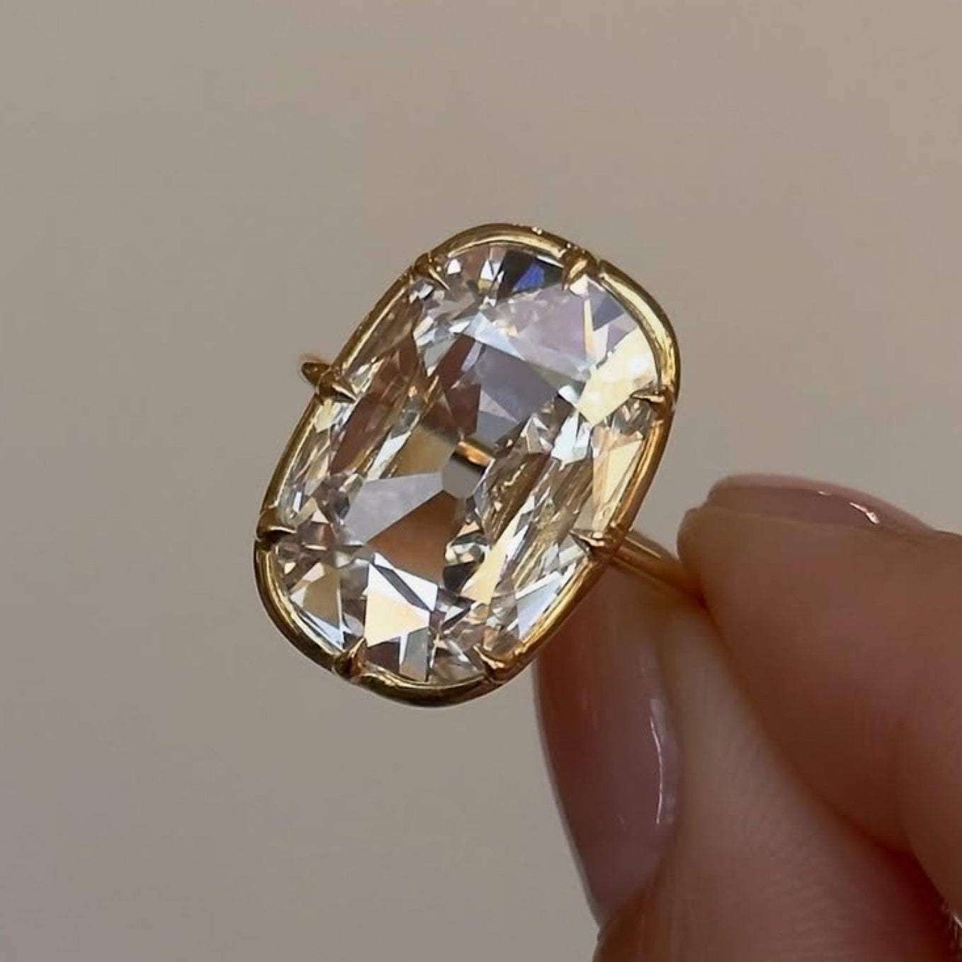 Old Mine Elongated Cushion Moissanite Engagement Ring Bezel Set Gold Wedding Ring