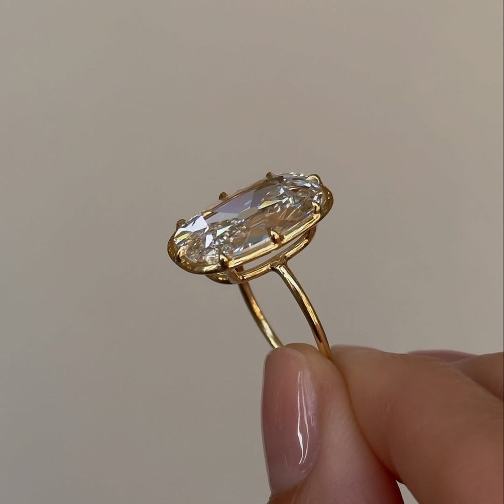 Old Mine Elongated Cushion Lab Grown Engagement Ring Bezel Set Gold Wedding Ring