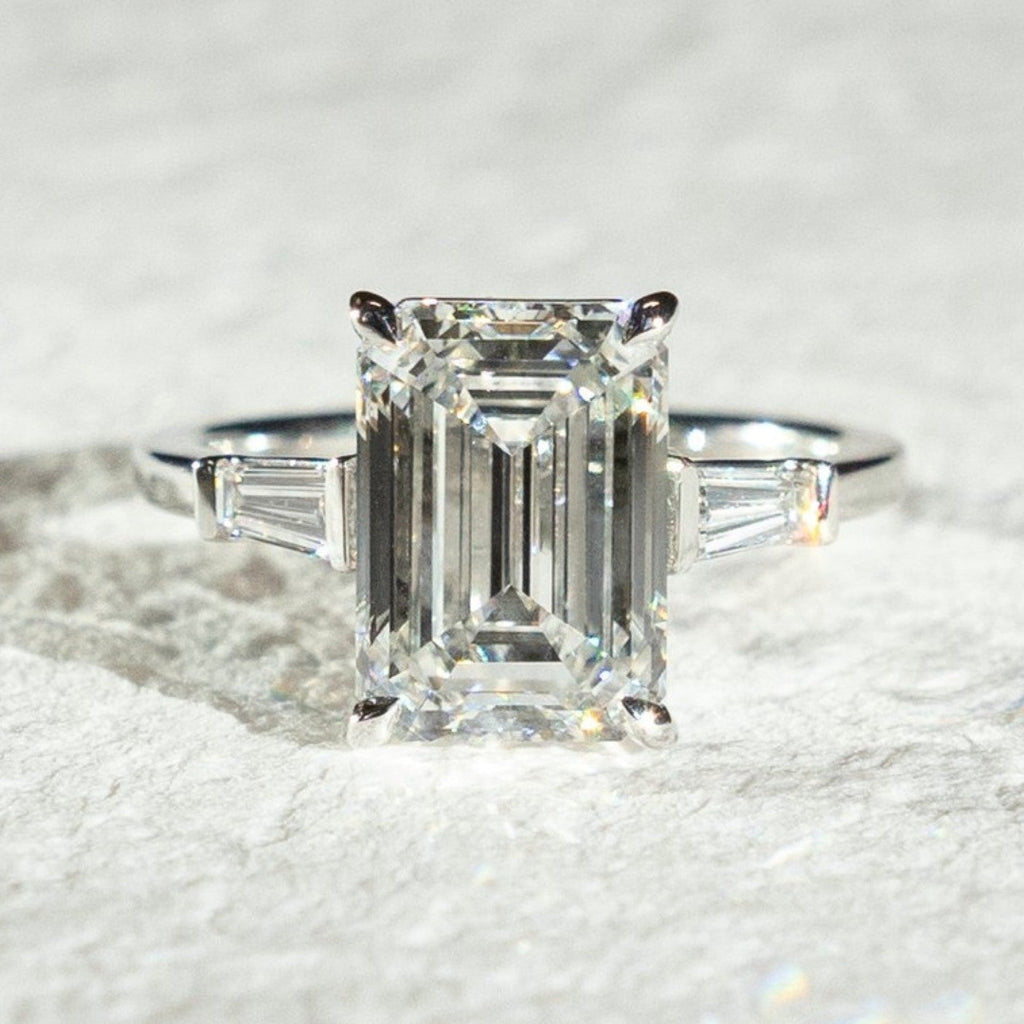 Emerald Three Stone Lab Grown Engagement Ring Past Present Future Wedding Ring