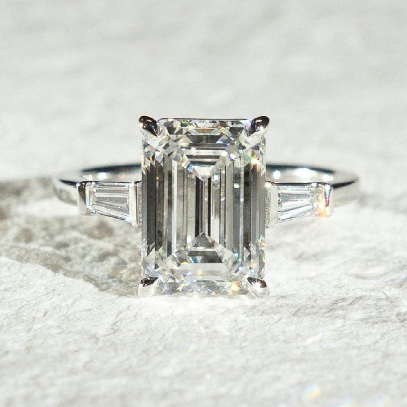 Emerald Three Stone Lab Grown Engagement Ring Past Present Future Wedding Ring