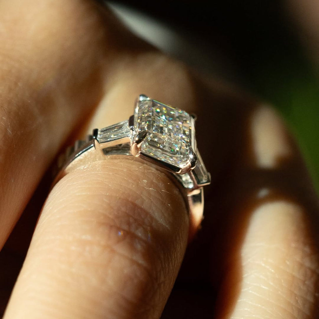 Emerald Three Stone Moissanite Engagement Ring Past Present Future Wedding Ring