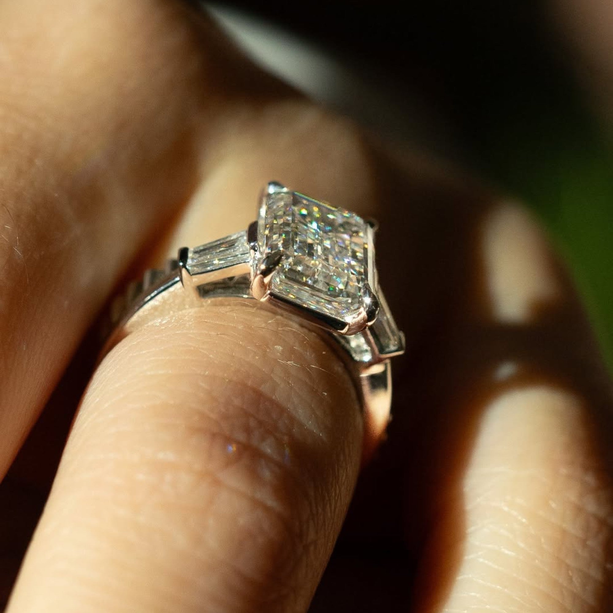 Emerald Three Stone Lab Grown Engagement Ring Past Present Future Wedding Ring