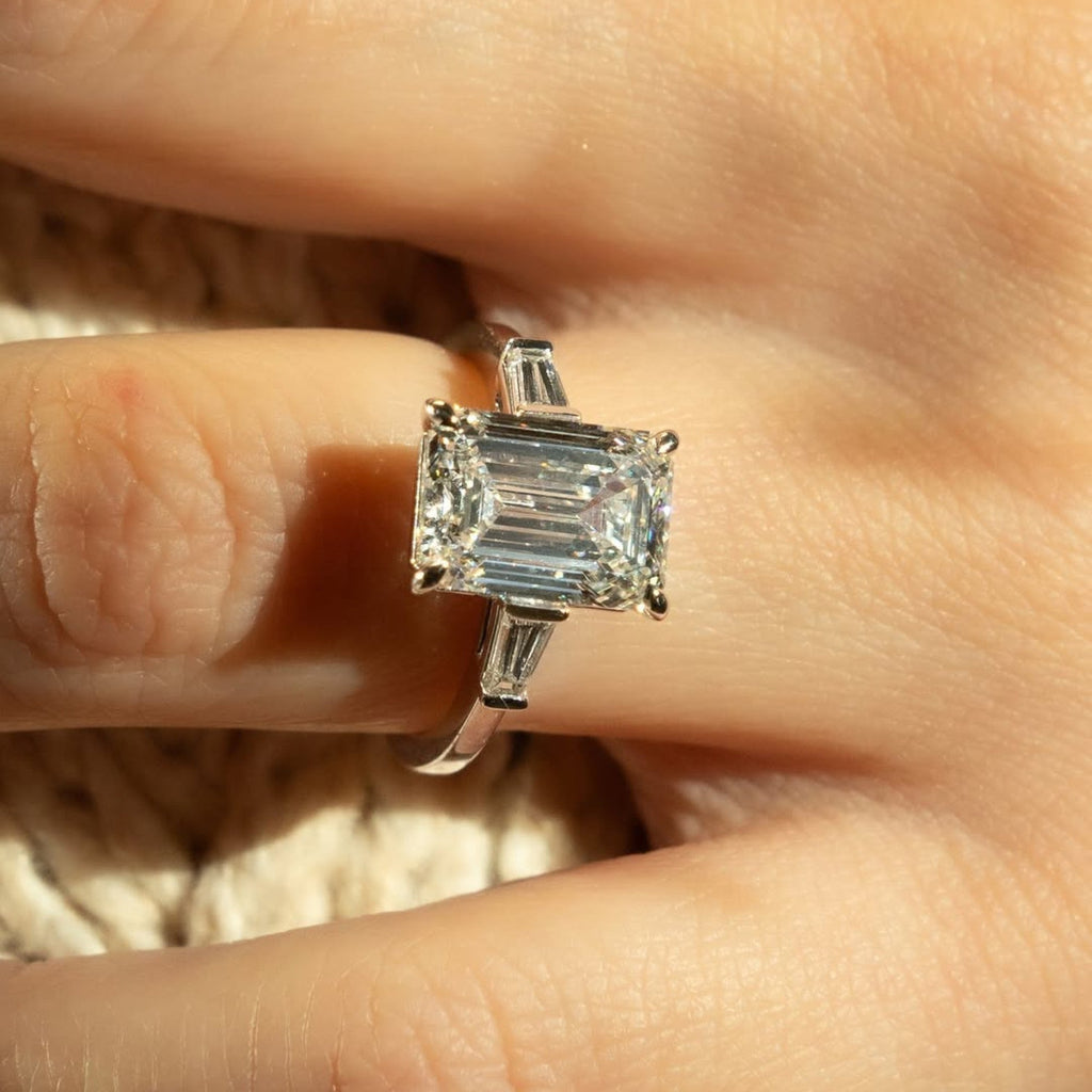 Emerald Three Stone Moissanite Engagement Ring Past Present Future Wedding Ring