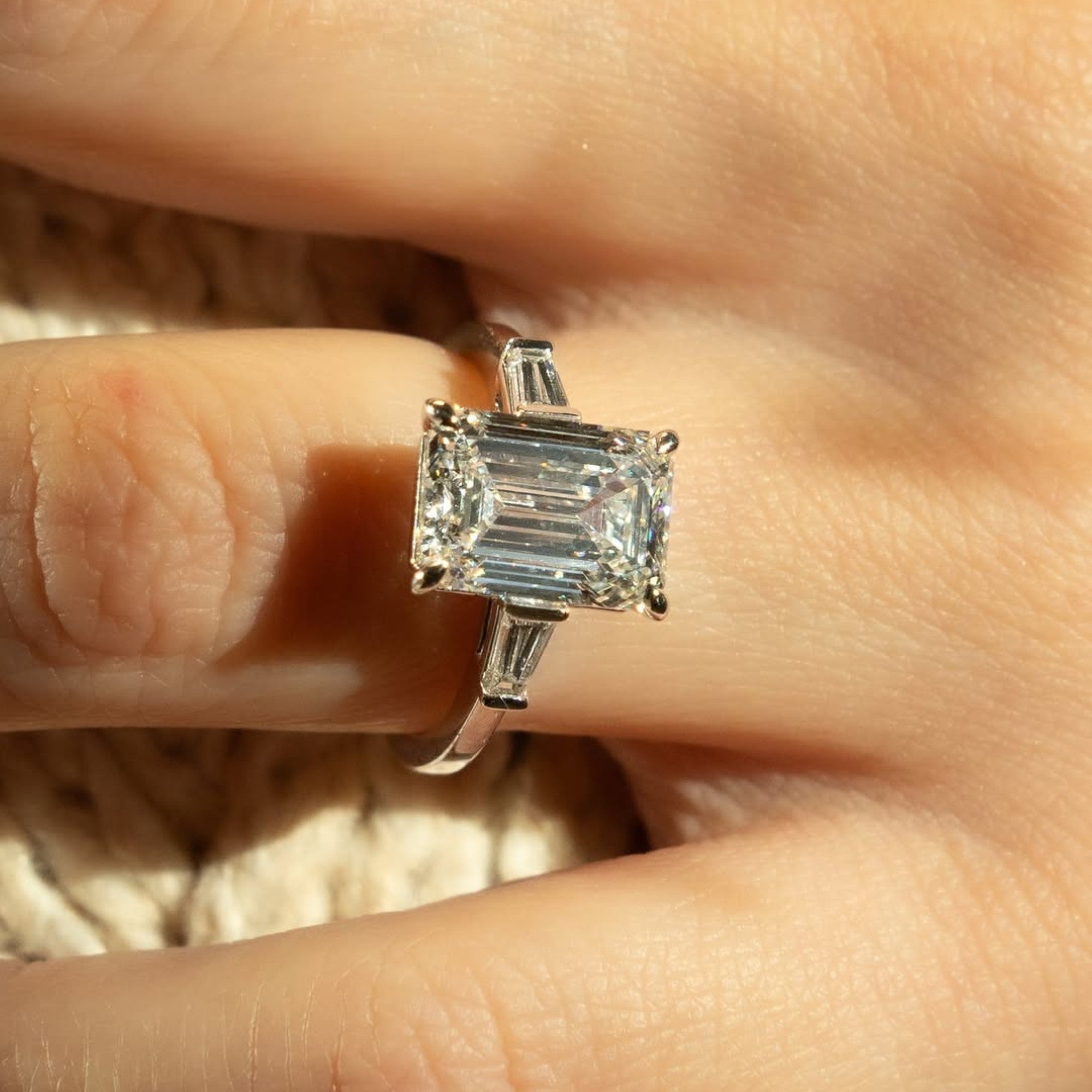 Emerald Three Stone Moissanite Engagement Ring Past Present Future Wedding Ring