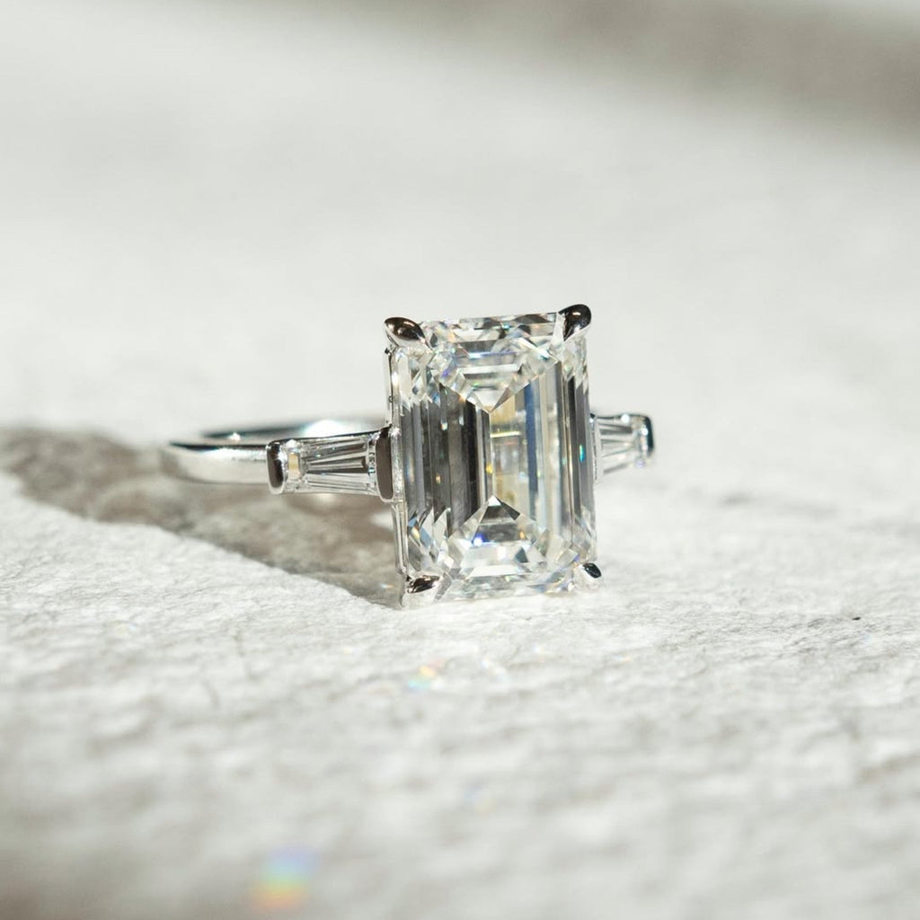 Emerald Three Stone Moissanite Engagement Ring Past Present Future Wedding Ring