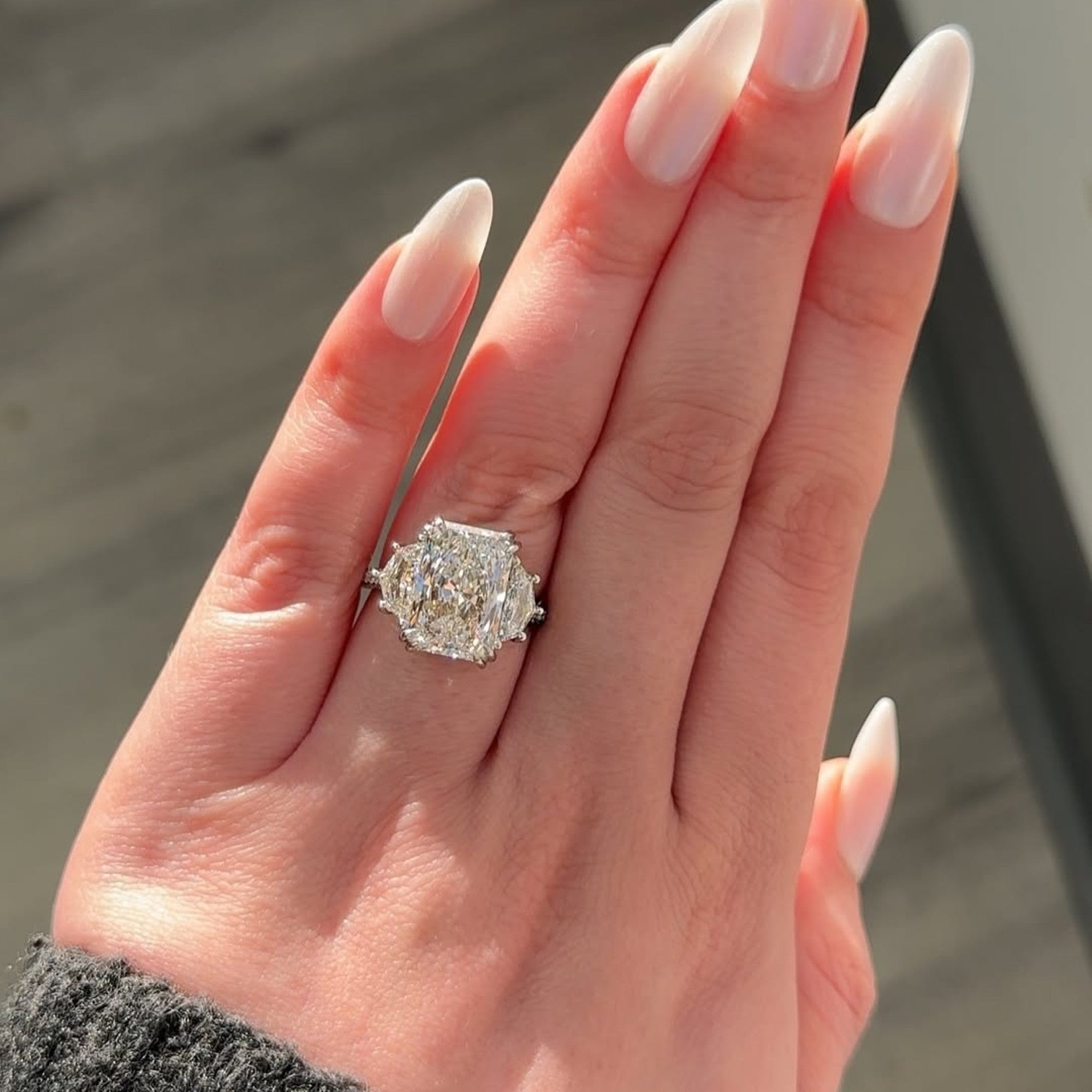 Radiant Three Stone Lab Grown Engagement Ring Past Preset Future Wedding Ring