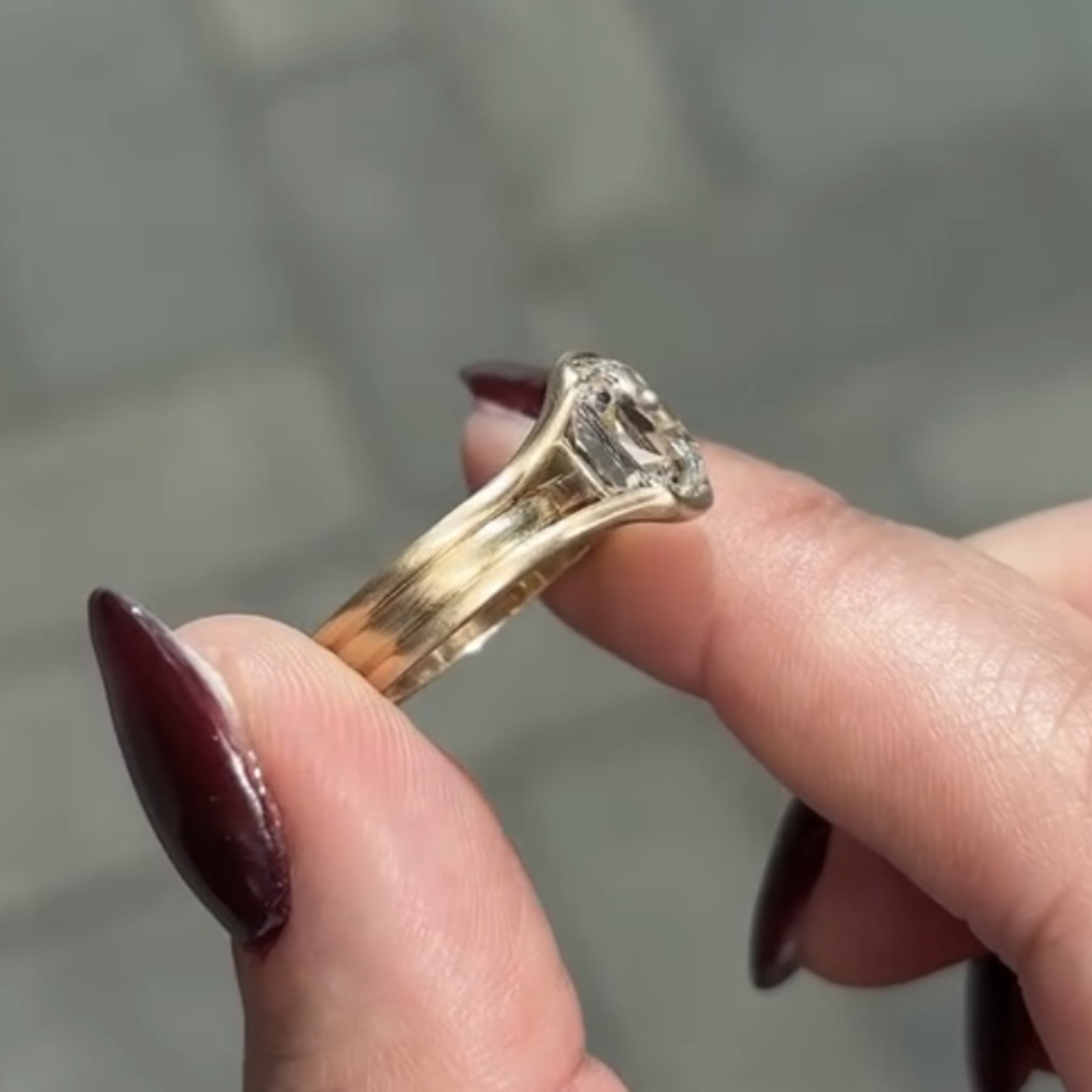Half Bezel Set Old Mine  Elongated Cushion Moissanite Engagement Ring Antique Gold Unique Wedding Anniversary Ring