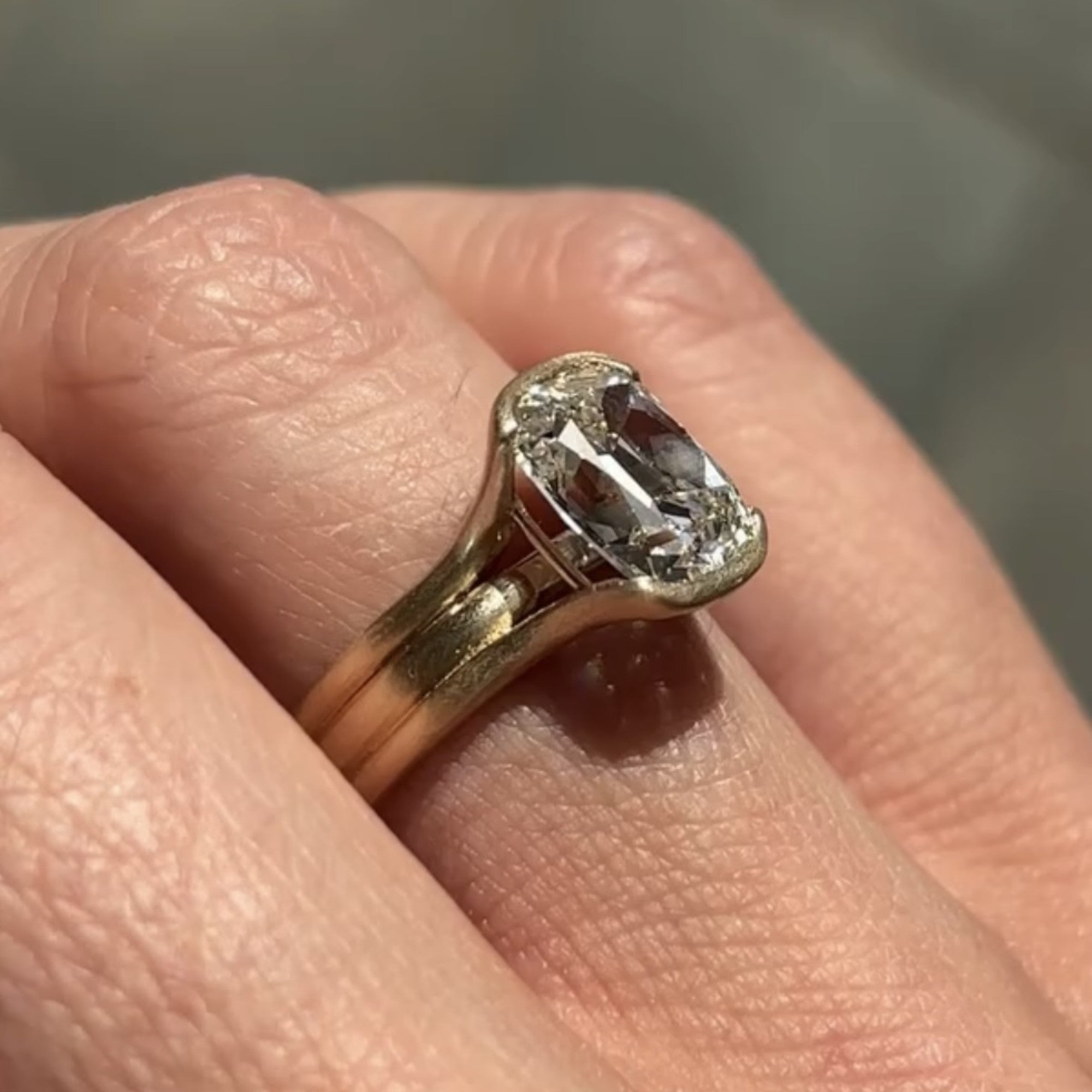 Half Bezel Set Old Mine Elongated Cushion Lab Grown Engagement Ring Antique  Gold Unique Wedding Anniversary Ring