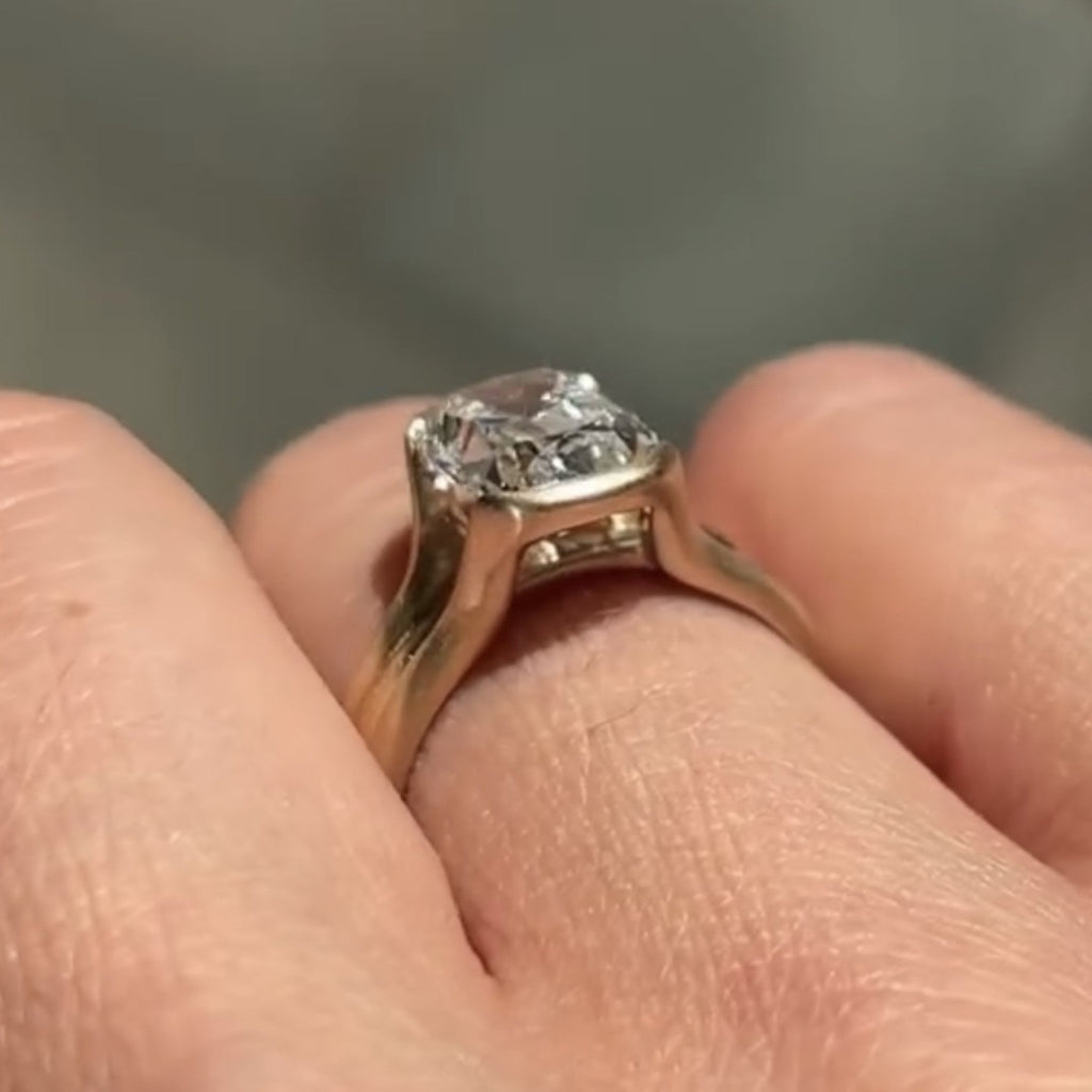 Half Bezel Set Old Mine Elongated Cushion Lab Grown Engagement Ring Antique  Gold Unique Wedding Anniversary Ring