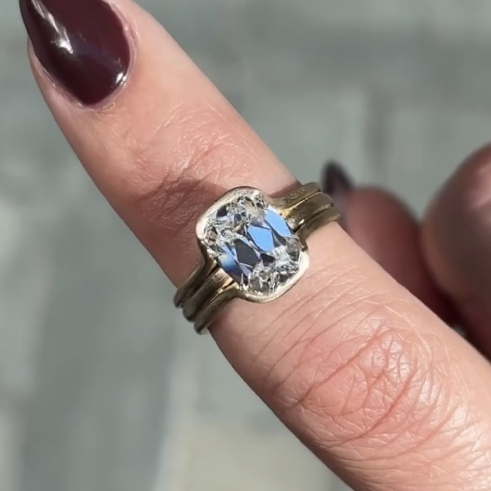 Half Bezel Set Old Mine  Elongated Cushion Moissanite Engagement Ring Antique Gold Unique Wedding Anniversary Ring