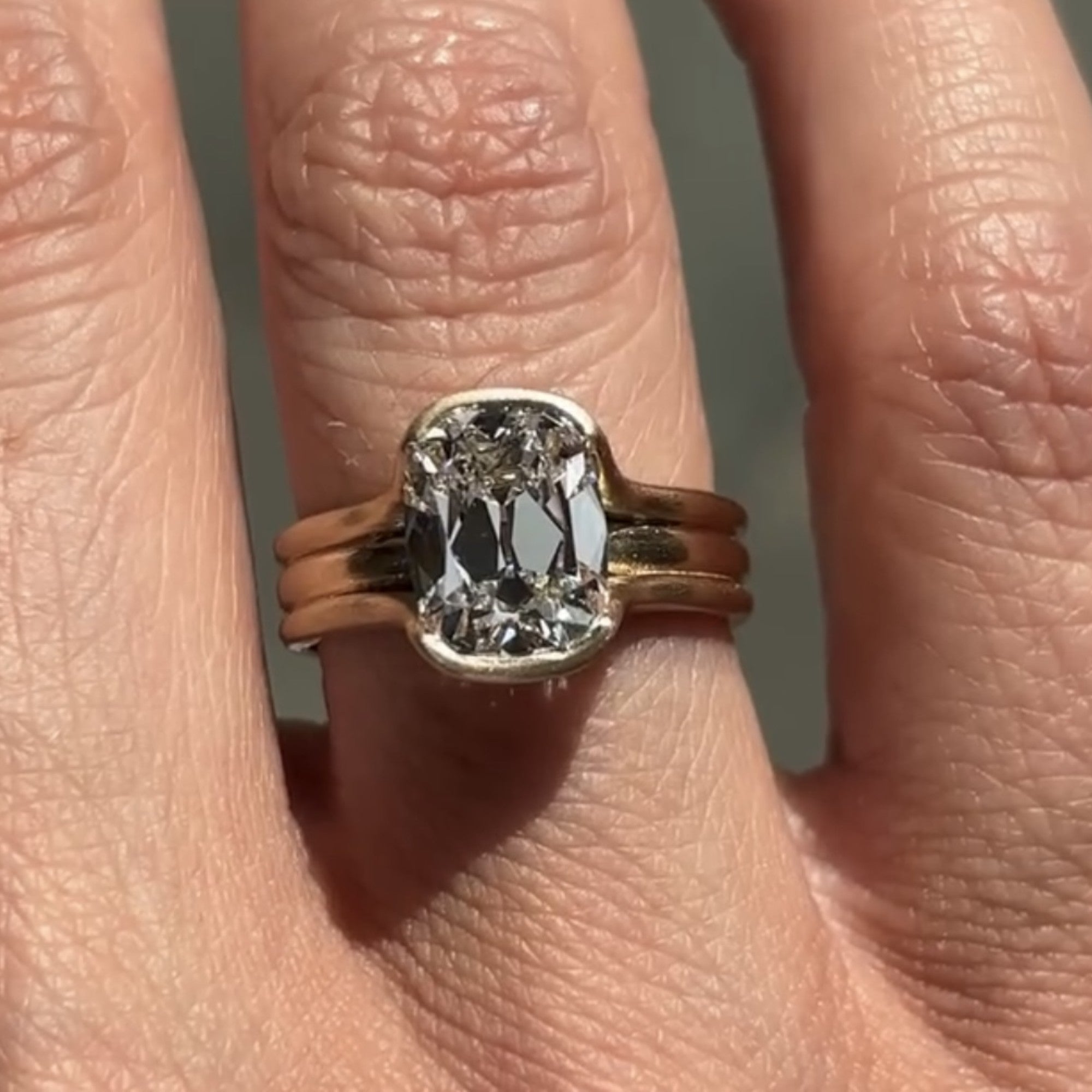 Half Bezel Set Old Mine  Elongated Cushion Moissanite Engagement Ring Antique Gold Unique Wedding Anniversary Ring