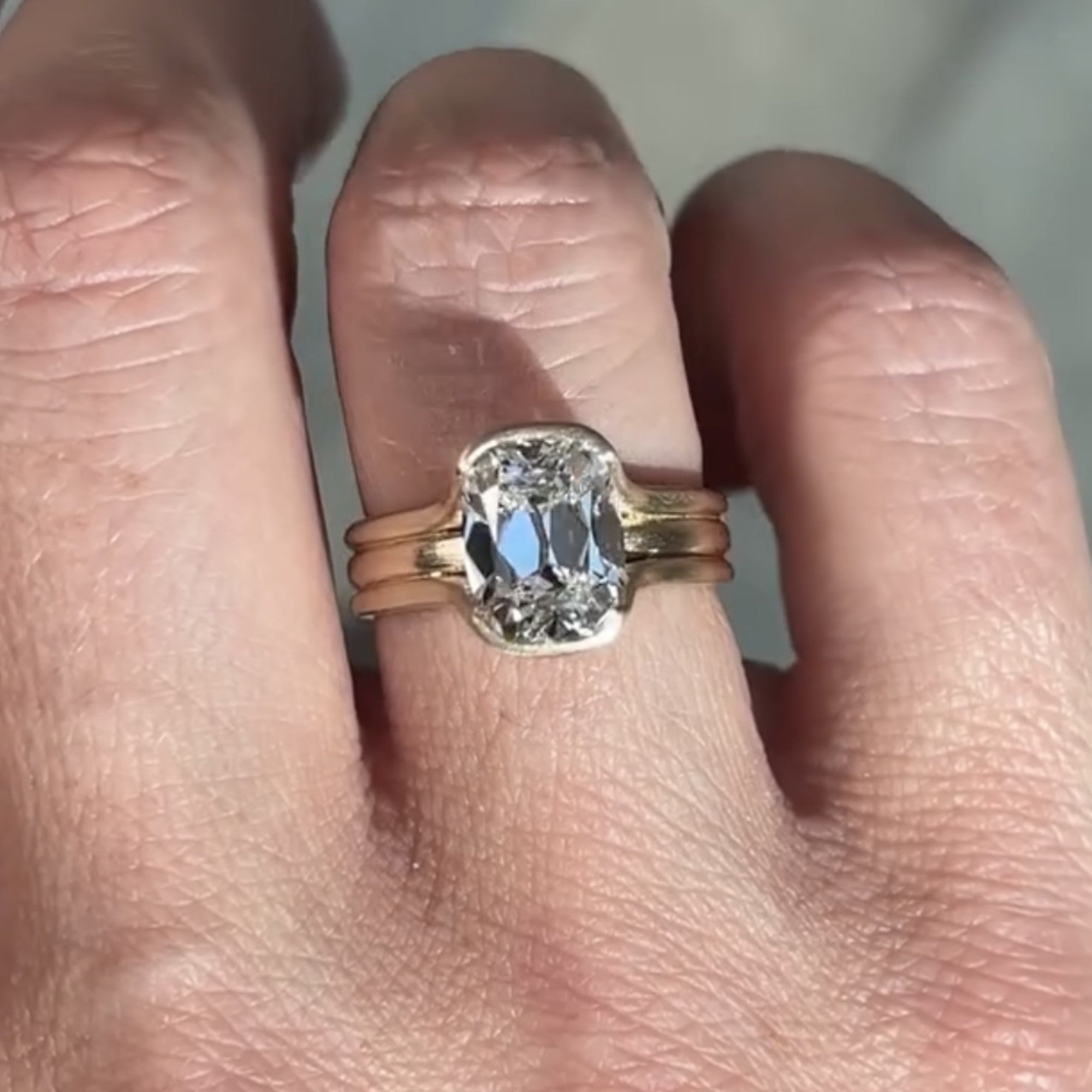 Half Bezel Set Old Mine  Elongated Cushion Moissanite Engagement Ring Antique Gold Unique Wedding Anniversary Ring