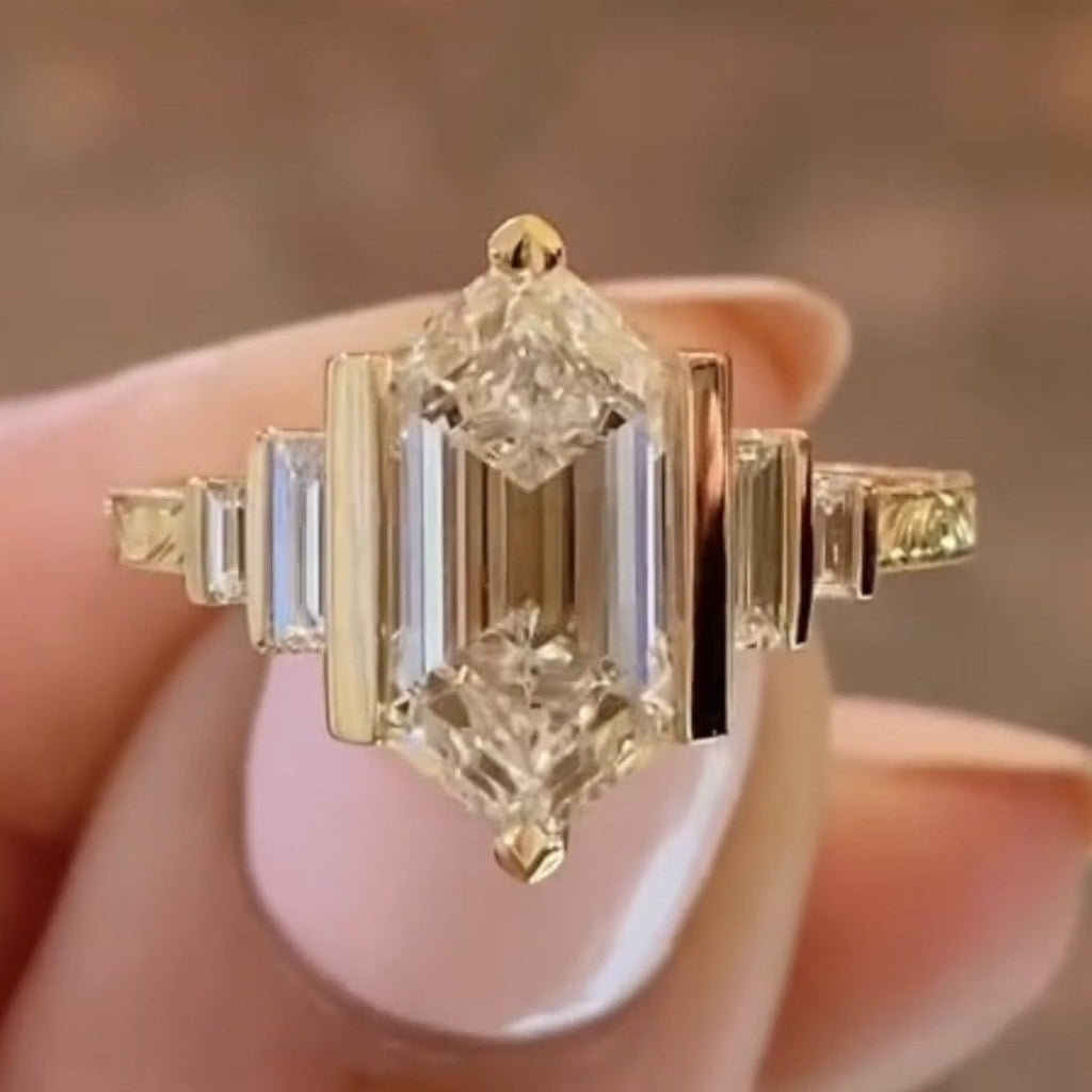 Half Bezel Hexagon Moissanite Vintage Engagement Ring Art deco Gold Wedding Nature Inspired Rings Anniversary Ring