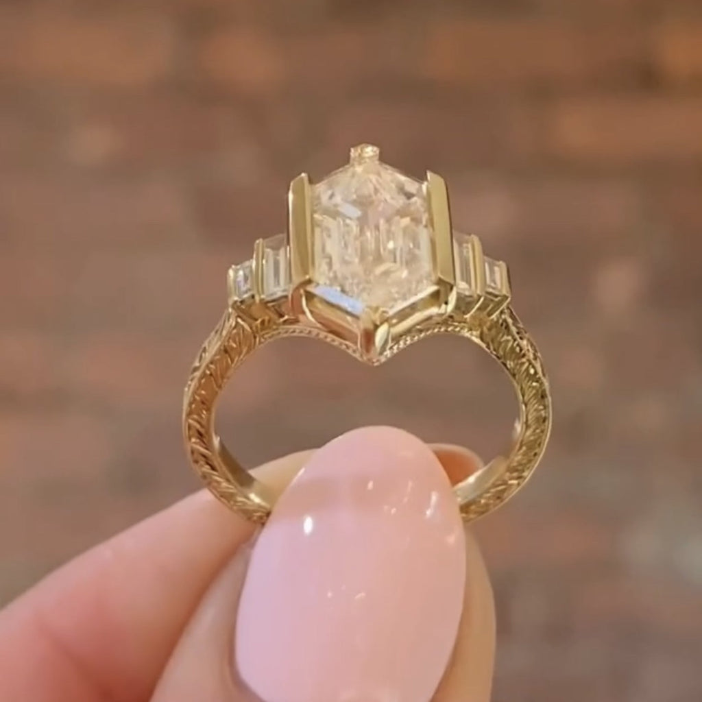 Half Bezel Hexagon Moissanite Vintage Engagement Ring Art deco Gold Wedding Nature Inspired Rings Anniversary Ring