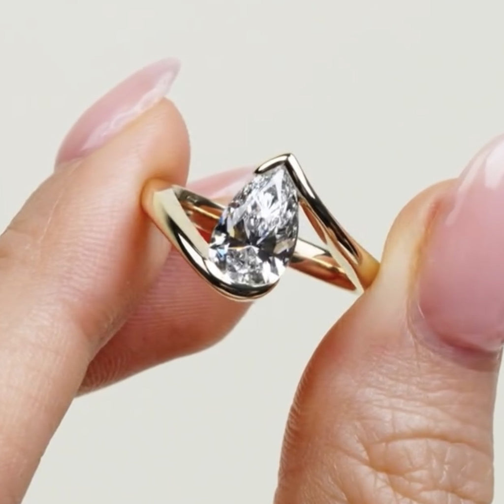 Bypass Pear Lab Diamond Engagement Ring Half Bezel Gold  Anniversary Ring