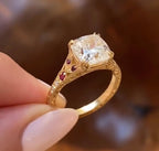 Double Claw Prong  Cushion Vintage Moissanite Engagement Ring Art deco Gold Wedding Nature Inspired Ring